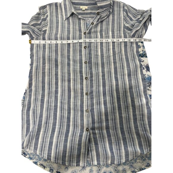 Anthropologie Kyla Seo Tunic Button-Up Top Striped Floral Roll-Tab Sleeve Sz M - Picture 5 of 8